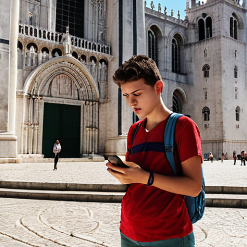 Home 18 **
A person with a worried expression looking at their smartphone with a low battery icon, standing in front of Lisbon's Jerónimos Monastery. A portable power bank is partially visible in their hand. Focus on the frustration of a dead battery while sightseeing.
**