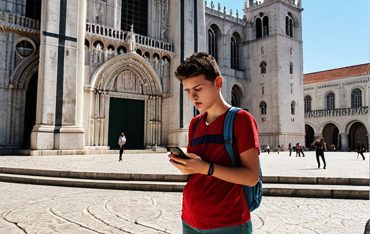 **

A person with a worried expression looking at their smartphone with a low battery icon, standing in front of Lisbon's Jerónimos Monastery. A portable power bank is partially visible in their hand. Focus on the frustration of a dead battery while sightseeing.

**