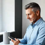 A professional adult in modest, business-appropriate attire, holding a modern smartphone connected to a charger. The person's expression conveys thoughtful observation and slight concern about the device, without any exaggerated or negative emotions. The scene is set in a bright, contemporary home office with clean, minimalist decor. The lighting is soft and even, highlighting realistic textures and details. The subject is fully clothed, ensuring appropriate content and a safe for work image. Professional, high-quality photography, family-friendly, perfect anatomy, correct proportions, natural pose, well-formed hands, proper finger count, natural body proportions.