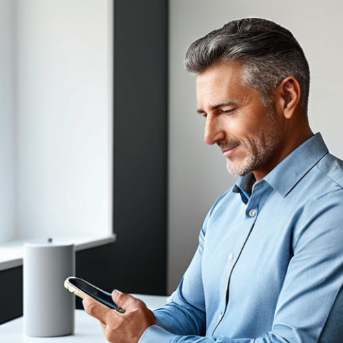 Home 17 A professional adult in modest, business-appropriate attire, holding a modern smartphone connected to a charger. The person's expression conveys thoughtful observation and slight concern about the device, without any exaggerated or negative emotions. The scene is set in a bright, contemporary home office with clean, minimalist decor. The lighting is soft and even, highlighting realistic textures and details. The subject is fully clothed, ensuring appropriate content and a safe for work image. Professional, high-quality photography, family-friendly, perfect anatomy, correct proportions, natural pose, well-formed hands, proper finger count, natural body proportions.