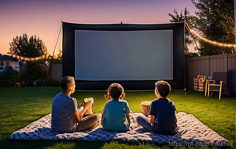 모바일 프로젝터 추천 - Image Prompt 1: Enchanted Outdoor Family Movie Night**