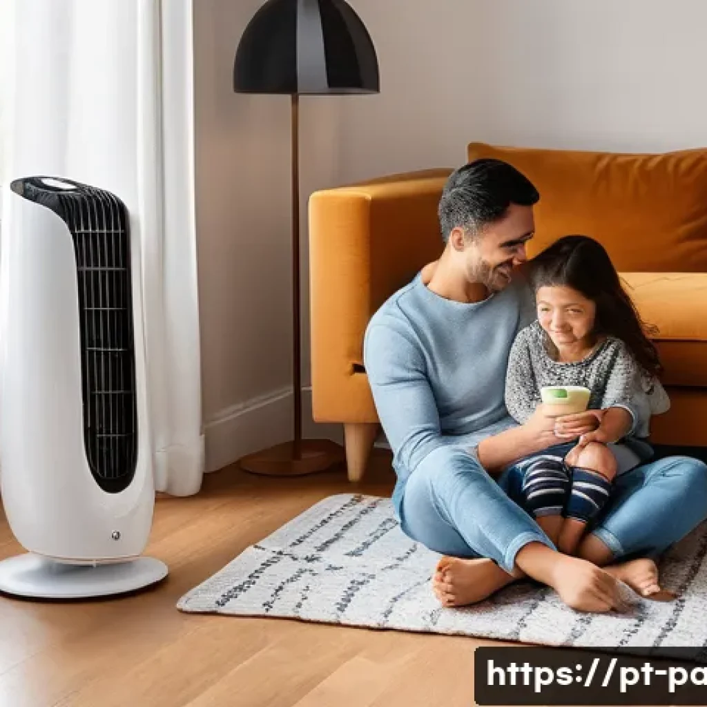 휴대용 팬히터 사용법 - **Prompt:** A cozy Portuguese living room on a chilly winter evening. A young family, a mother, fath...