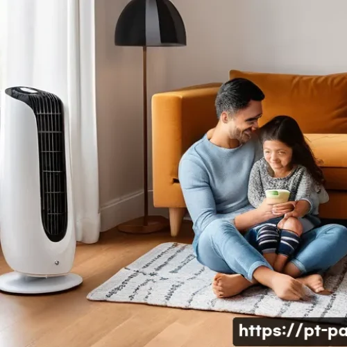 휴대용 팬히터 사용법 - **Prompt:** A cozy Portuguese living room on a chilly winter evening. A young family, a mother, fath...