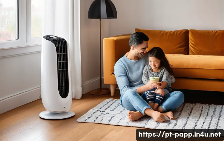 휴대용 팬히터 사용법 - **Prompt:** A cozy Portuguese living room on a chilly winter evening. A young family, a mother, fath...