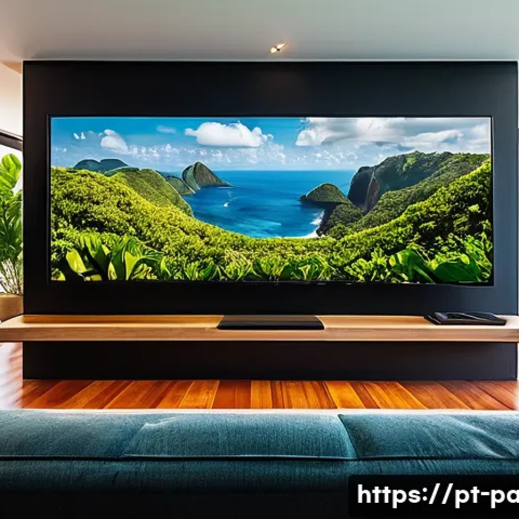 미니 LED 라이트 활용 - A sleek modern living room in a Brazilian home featuring a large ultra-thin Mini LED TV mounted on a...