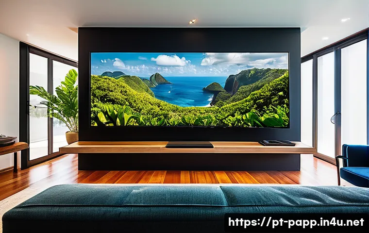 미니 LED 라이트 활용 - A sleek modern living room in a Brazilian home featuring a large ultra-thin Mini LED TV mounted on a...
