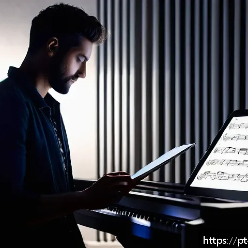 모바일 전자 악보 리더 - A professional musician in a dimly lit rehearsal room, using a sleek tablet mounted on a modern adju...
