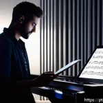 Home 22 모바일 전자 악보 리더 - A professional musician in a dimly lit rehearsal room, using a sleek tablet mounted on a modern adju...