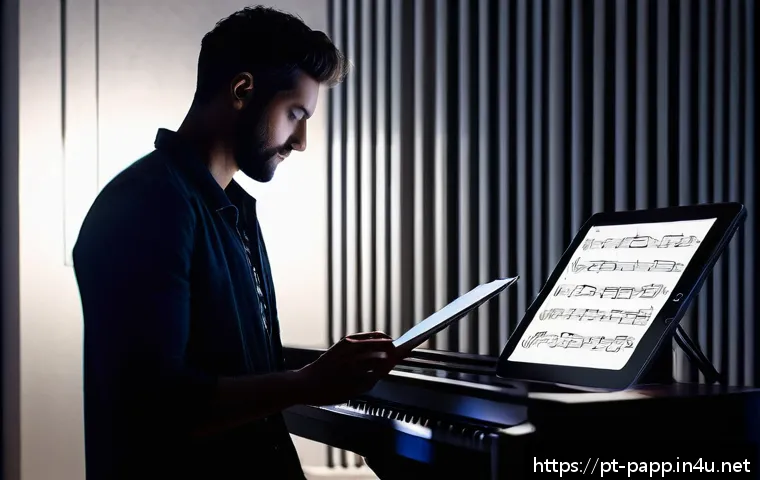 모바일 전자 악보 리더 - A professional musician in a dimly lit rehearsal room, using a sleek tablet mounted on a modern adju...