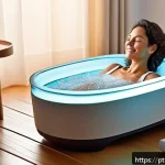 Home 20 휴대용 족욕기 추천 - A cozy and modern living room setting featuring a middle-aged Brazilian woman relaxing with her feet...