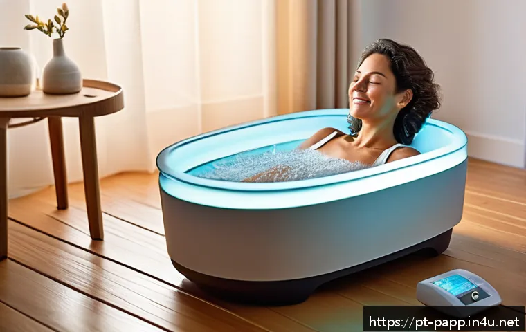 휴대용 족욕기 추천 - A cozy and modern living room setting featuring a middle-aged Brazilian woman relaxing with her feet...