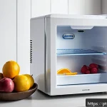Home 18 포터블 미니 냉장고 - A sleek, modern mini refrigerator in a cozy Brazilian home office setting, featuring a 12-liter capa...