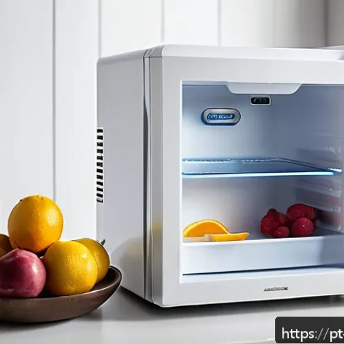 Home 30 포터블 미니 냉장고 - A sleek, modern mini refrigerator in a cozy Brazilian home office setting, featuring a 12-liter capa...