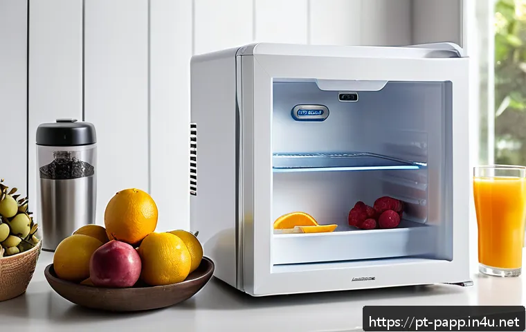 포터블 미니 냉장고 - A sleek, modern mini refrigerator in a cozy Brazilian home office setting, featuring a 12-liter capa...