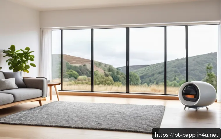 휴대용 전기난로 리뷰 - A modern, cozy living room with a sleek, portable ceramic heater placed near a large window with the...