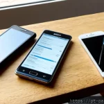스마트폰 터치펜 비교 - Photorealistic overhead product comparison scene on a sunlit Lisbon café table, two modern smartphon...