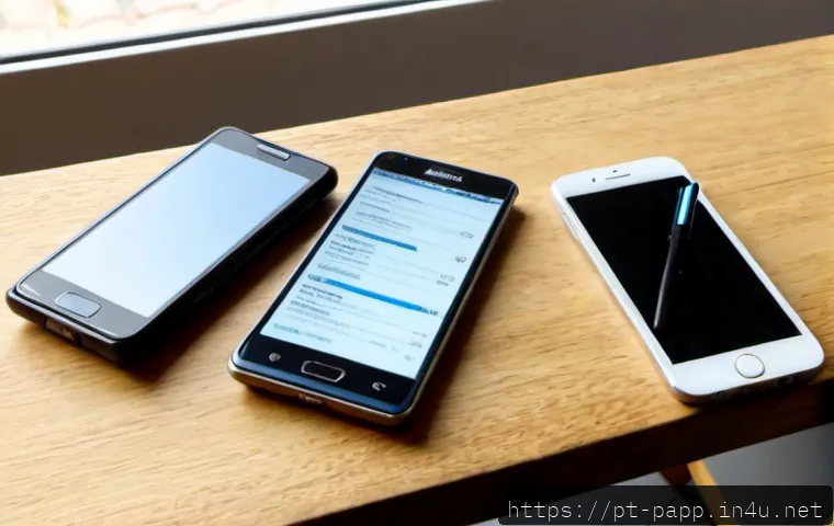 스마트폰 터치펜 비교 - Photorealistic overhead product comparison scene on a sunlit Lisbon café table, two modern smartphon...