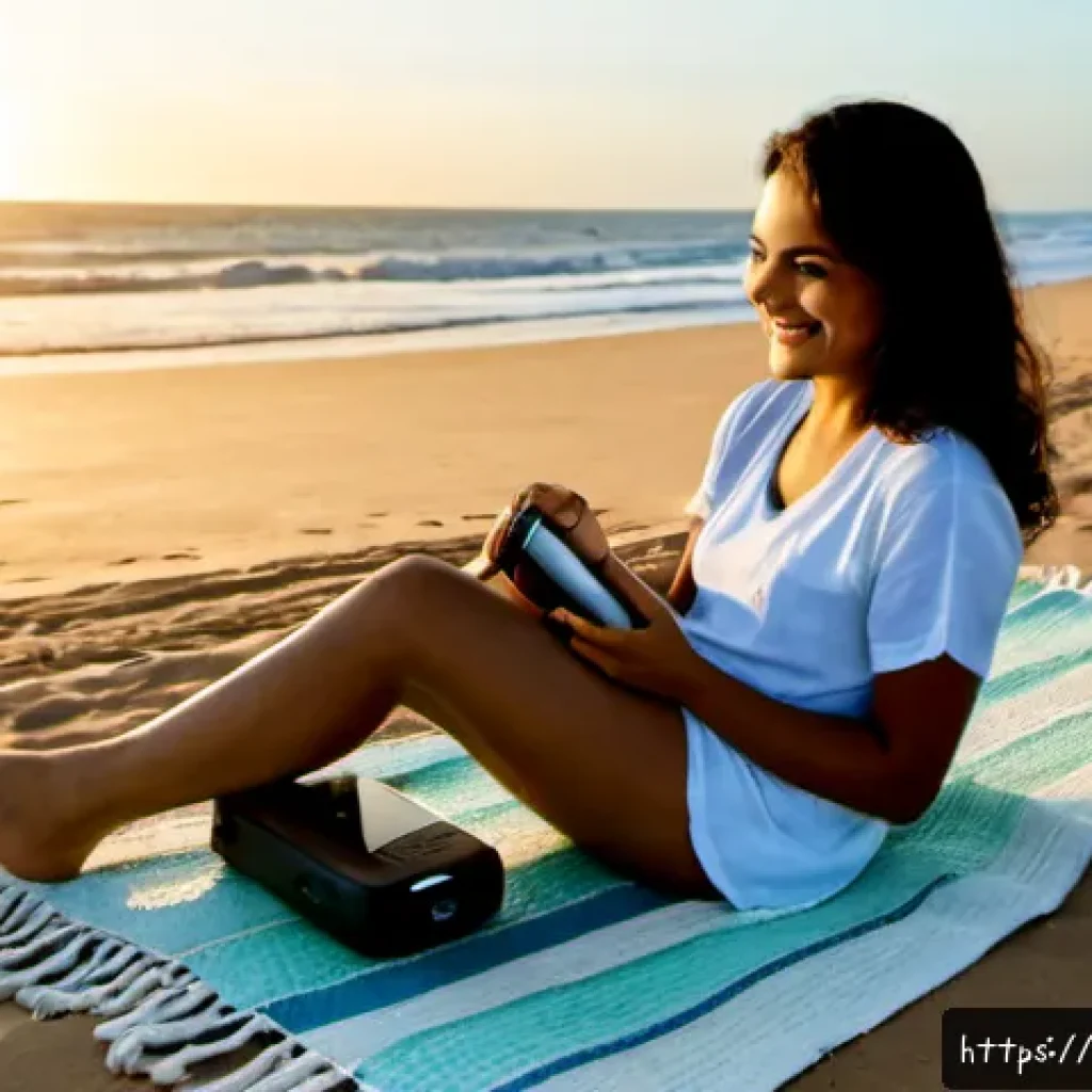 휴대용 라디오 장점 - Photorealistic lifestyle scene on a quiet Brazilian beach at sunrise, a smiling adult woman in modes...