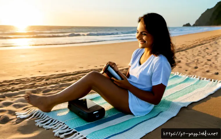 휴대용 라디오 장점 - Photorealistic lifestyle scene on a quiet Brazilian beach at sunrise, a smiling adult woman in modes...
