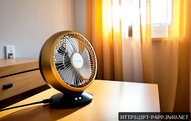 휴대용 선풍기 충전 시간 - Photorealistic close-up of a compact handheld rechargeable fan charging on a tidy Lisbon apartment d...